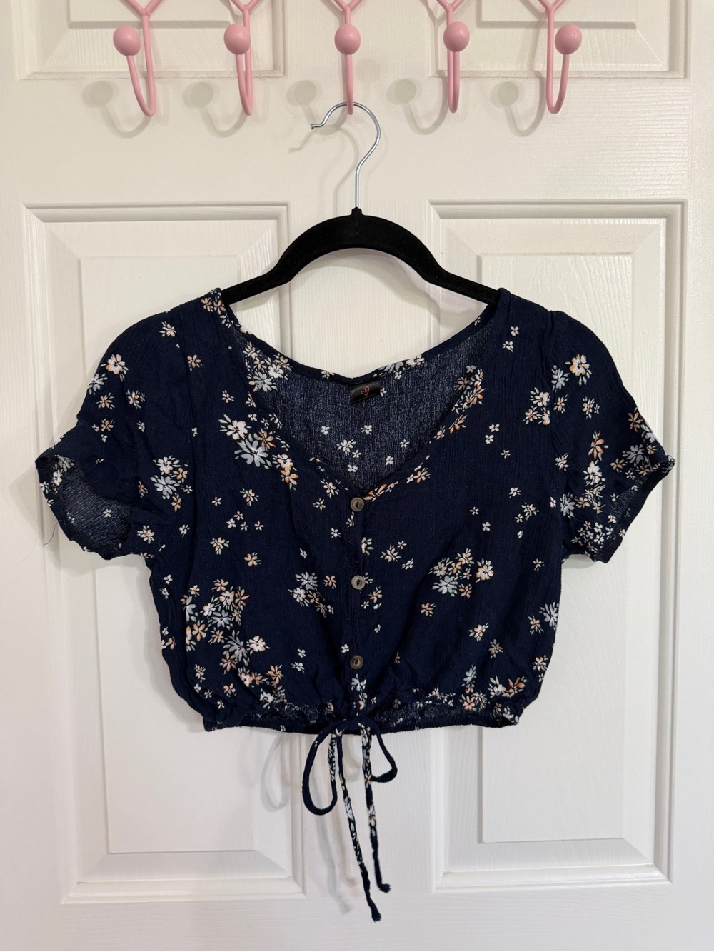 Navy Floral Button-Front Drawstring Crop Top